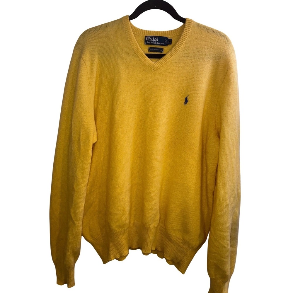 Vtg Polo Ralph Lauren Yellow Lambswool V-Neck Sweater Mens XL Blue Pony Knit